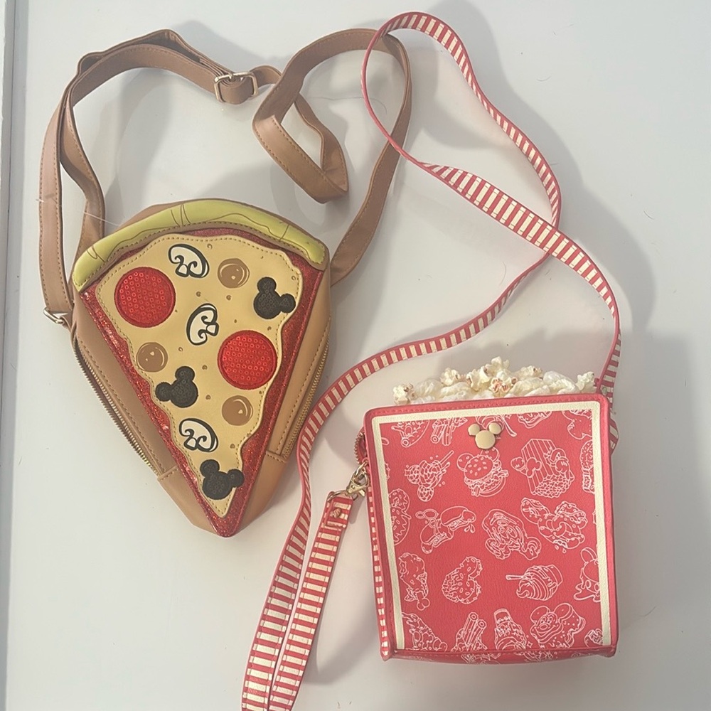 2 Disney Crosbody bags, one Pizza and one Popcorn Crossbody Bags